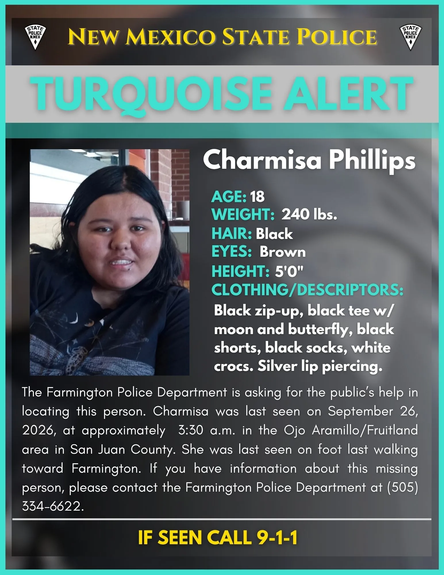 Farmington police and New Mexico officials issue a Turquoise Alert for Charmisa Phillips